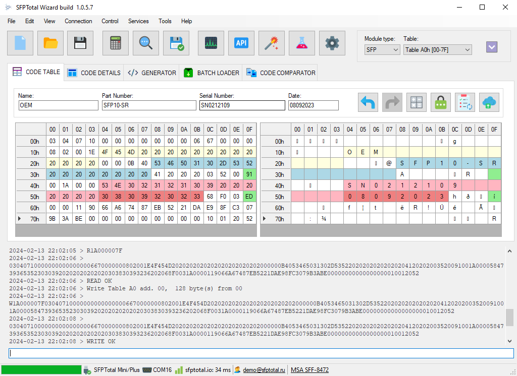 SFPTotal Wizard: SFP EEPROM code table