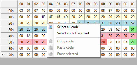 Selecting all firmware or a code fragment in the SFPTotal Wizard HEX editor context menu