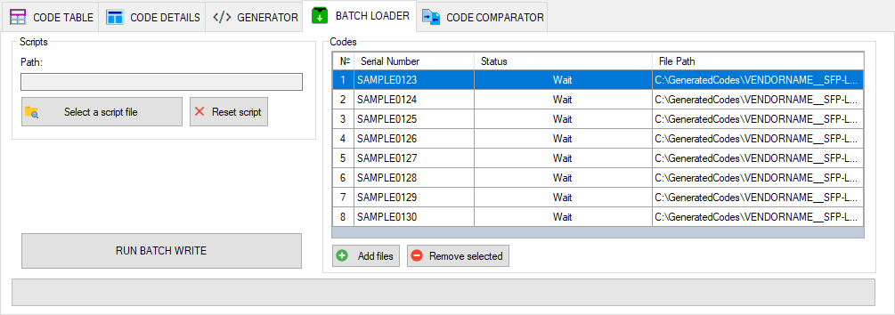 Batch transceiver firmware writing: the file queue in the SFPTotal Wizard BATCH LOADER tab