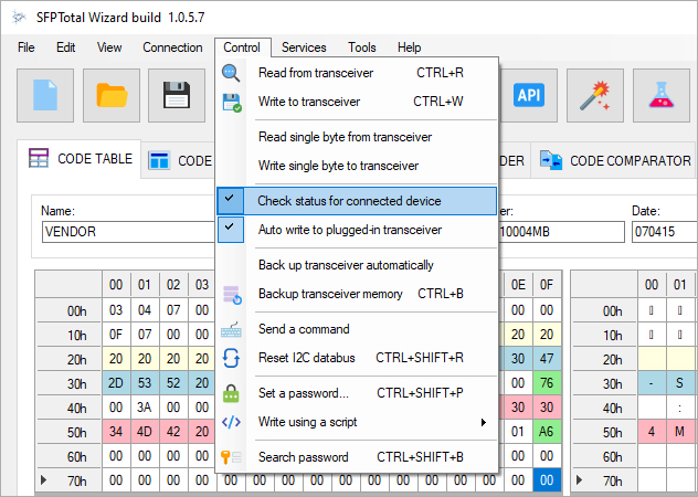 Automatic SFP programming settings: connection checking and writing options in the Control menu