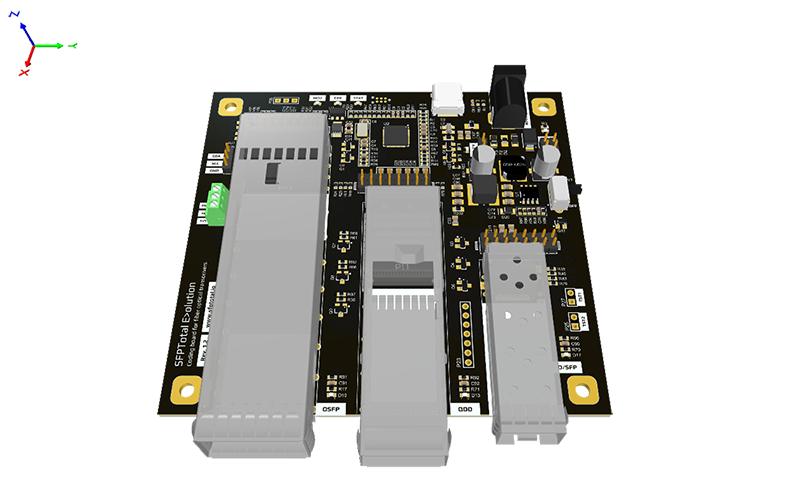 3D model of the SFPTotal Evolution coding board with OSFP, QSFP-DD and DSFP/SFP ports