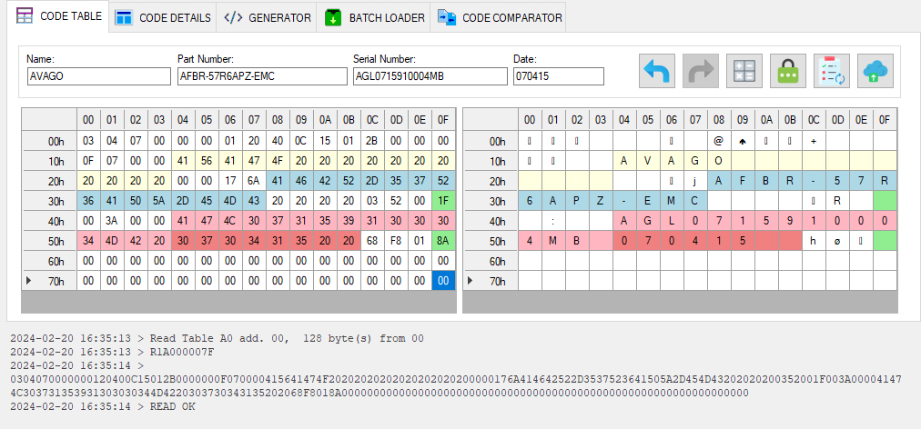 Reading SFP module firmware in SFPTotal Wizard: the memory table and operation log