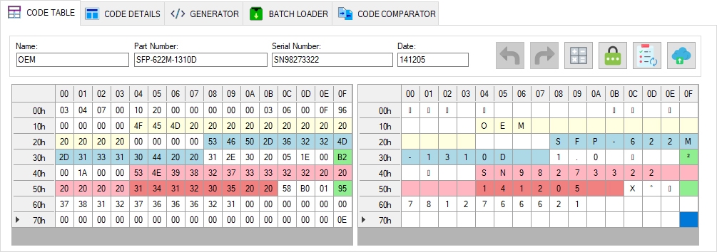 SFP EEPROM memory in SFPTotal Wizard: the byte table in the CODE TABLE tab