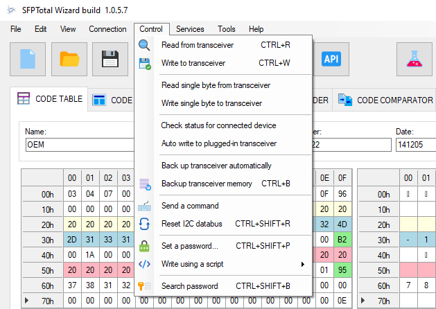 Reading and writing SFP firmware through the Control menu in SFPTotal Wizard