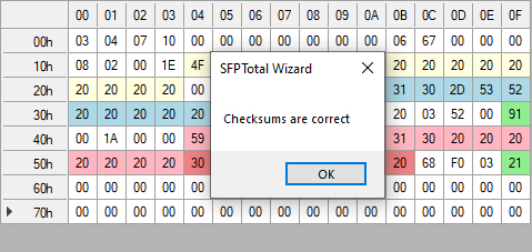 Verifying an SFP firmware checksum in SFPTotal Wizard: the Checksums are correct message