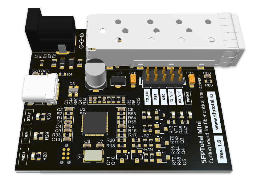 SFPTotal Mini SFP coding board with a transceiver port and USB connector